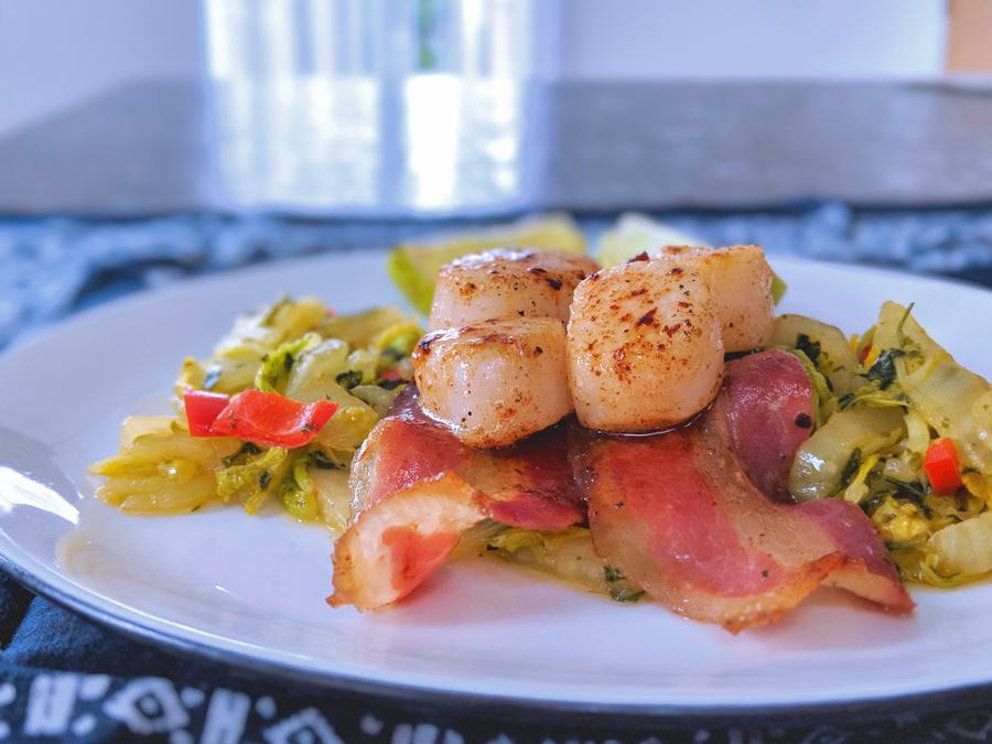 Scallops With Pancetta And Spiced Cabbage Recipe Cuisine Fiend